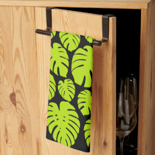 Monstera leaves in Lime Green and black Tea Towel