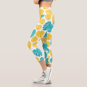 Monstera Leaves in Turquoise, Yellow, and White Capri Leggings