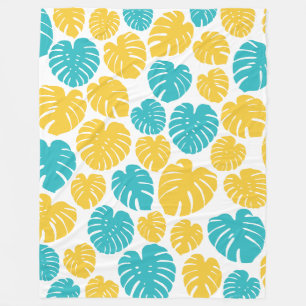 Monstera Leaves in Turquoise, Yellow, and White Fleece Blanket