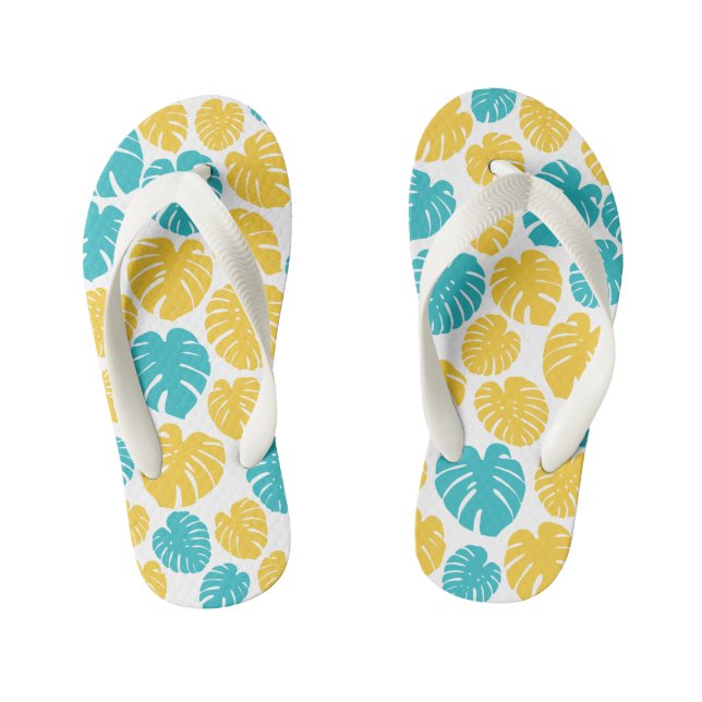 Monstera Leaves in Turquoise, Yellow, and White Kid's Flip Flops (Footbed)