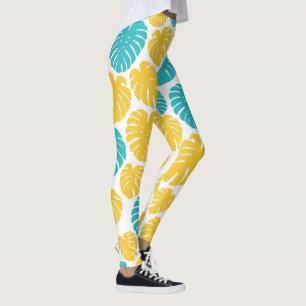 Monstera Leaves in Turquoise, Yellow, and White Leggings