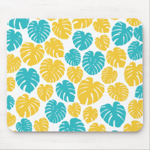 Monstera Leaves in Turquoise, Yellow, and White Mouse Mat