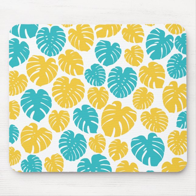 Monstera Leaves in Turquoise, Yellow, and White Mouse Mat (Front)