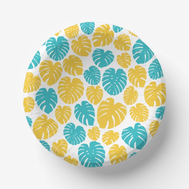 Monstera Leaves in Turquoise, Yellow, and White Paper Plate (Front)