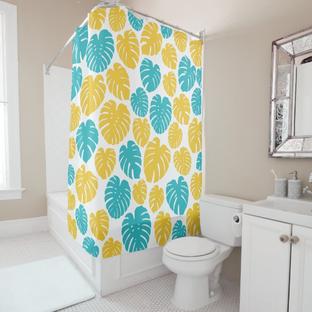 Monstera Leaves in Turquoise, Yellow, and White Shower Curtain (In Situ)