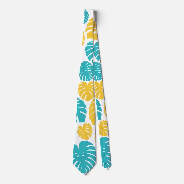 Monstera Leaves in Turquoise, Yellow, and White Tie (Front)