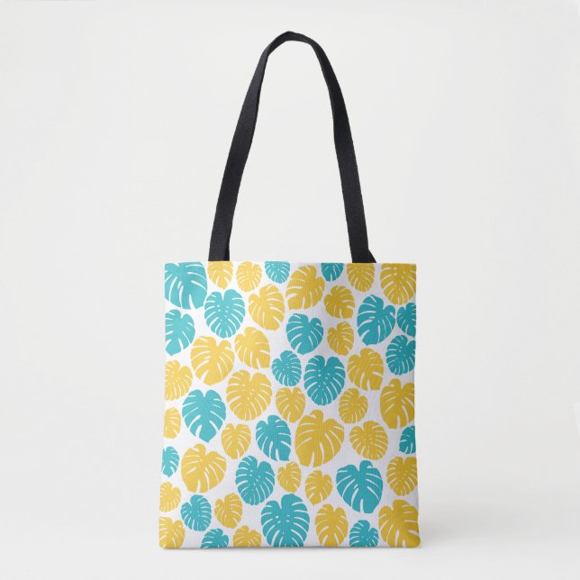 Monstera Leaves in Turquoise, Yellow, and White Tote Bag (Front)