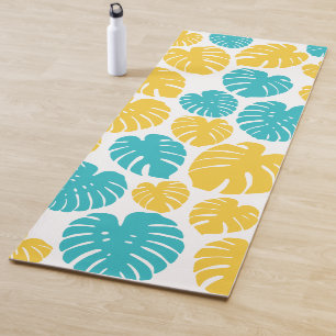Monstera Leaves in Turquoise, Yellow, and White Yoga Mat