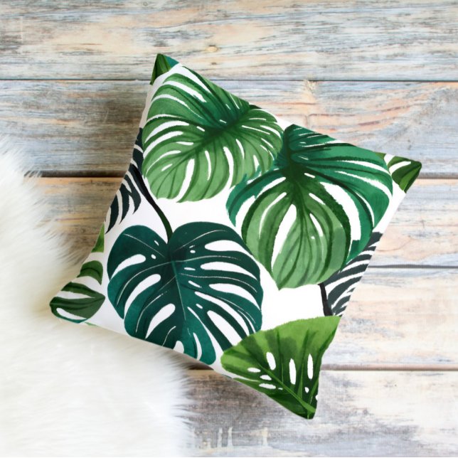 Monstera Leaves Modern Watercolor Botanical Cushion (Creator Uploaded)