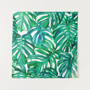 Monstera leaves on isolated background, watercolor tapestry