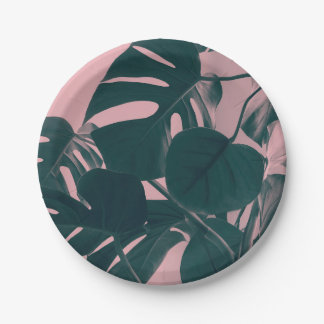 Monstera Leaves on Pink Paper Plate
