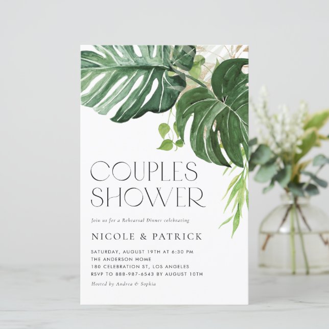 Monstera Leaves Summer Couples Shower Invitation (Standing Front)