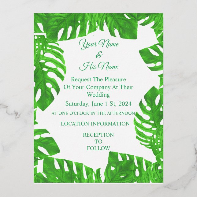 Monstera Leaves Thunder_Cove Foil Invitation Postcard (Front)