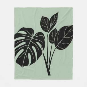 Monstera Leaves Tropical Minimalist Sage Fleece Blanket