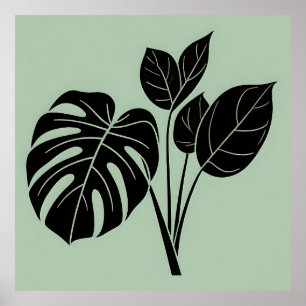 Monstera Leaves Tropical Minimalist Sage Poster