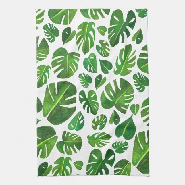 Monstera Leaves tropical plants green gouache Tea Towel (Vertical)