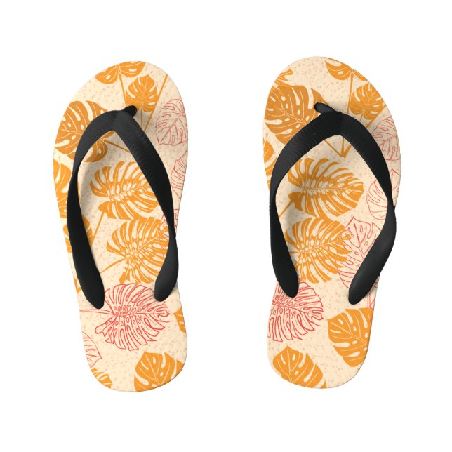 Monstera leaves: tropical silhouette seamless kid's flip flops (Footbed)