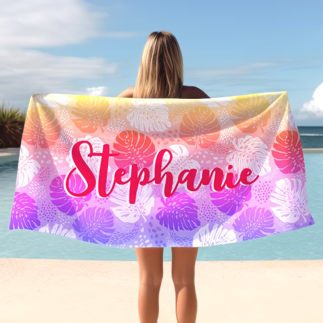 Monstera Leaves Tropical Sunset Hot Pink Name Beach Towel (Creator Uploaded)