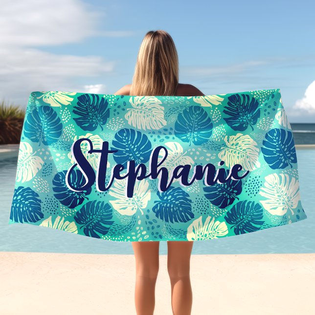 Monstera Leaves Tropical Watercolor Navy Blue Name Beach Towel (Creator Uploaded)