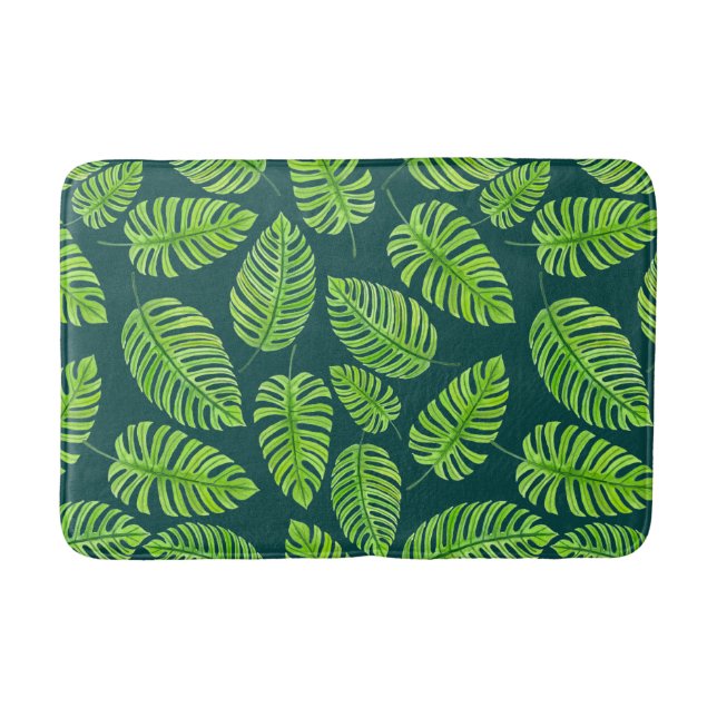 Monstera leaves, tropical watercolor pattern bath mat (Front)