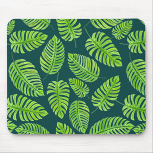 Monstera leaves, tropical watercolor pattern mouse mat