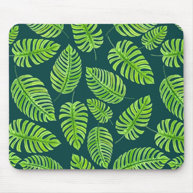 Monstera leaves, tropical watercolor pattern mouse mat (Front)