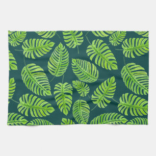 Monstera leaves, tropical watercolor pattern tea towel