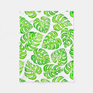 Monstera leaves watercolor fleece blanket