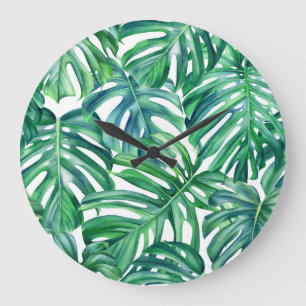 Monstera Leaves: Watercolor Jungle Pattern. Large Clock