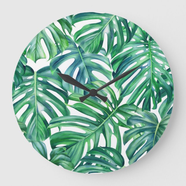 Monstera Leaves: Watercolor Jungle Pattern. Large Clock (Front)