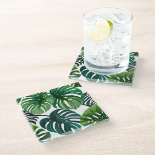 Monstera Leaves Watercolor Modern Botanical Art Glass Coaster