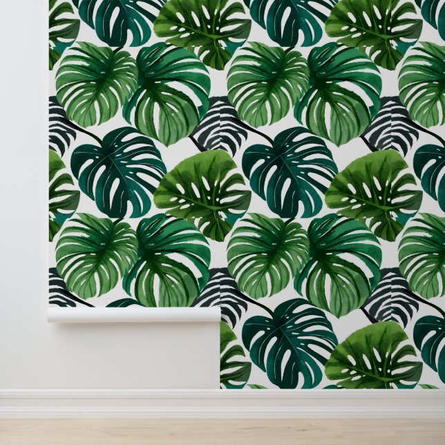 Monstera Leaves Watercolor Modern Botanical Art Wallpaper (Application)