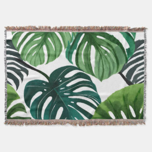 Monstera Leaves Watercolor Modern Botanical Throw Blanket
