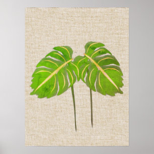 Monstera Leaves Watercolor on Linen Poster