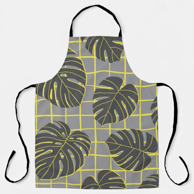 Monstera Leaves: Yellow-Grey Modern Abstract Apron (Front)