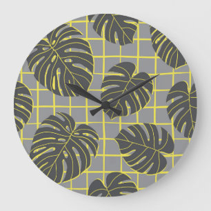 Monstera Leaves: Yellow-Grey Modern Abstract Large Clock