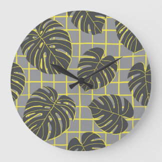 Monstera Leaves: Yellow-Grey Modern Abstract Large Clock