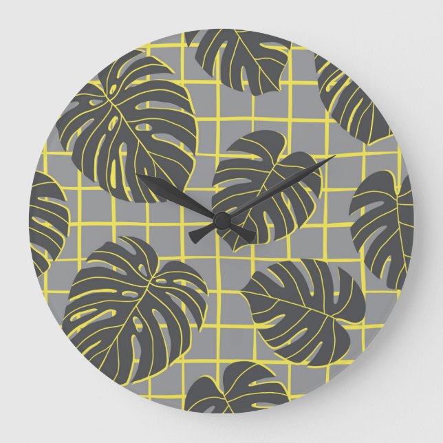 Monstera Leaves: Yellow-Grey Modern Abstract Large Clock (Front)