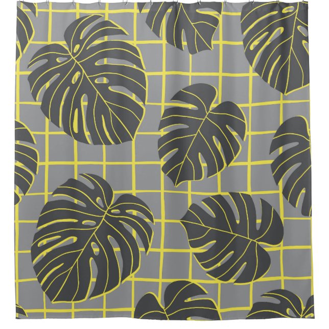 Monstera Leaves: Yellow-Grey Modern Abstract Shower Curtain (Front)