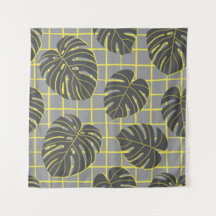 Monstera Leaves: Yellow-Grey Modern Abstract Tapestry