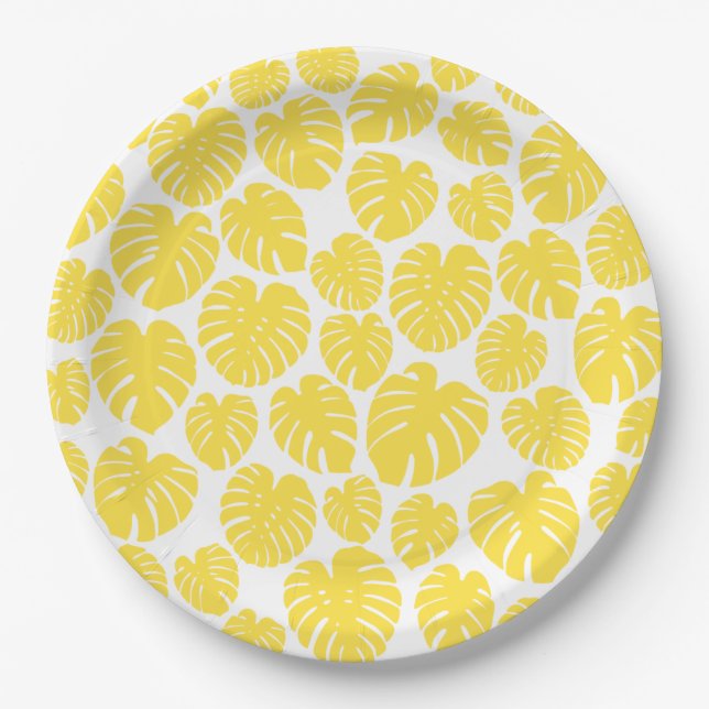 Monstera - Lemon Yellow and White Paper Plate (Front)