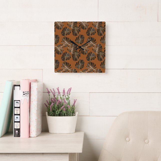 Monstera Leo Animal Print Glam 3 Square Wall Clock (Reading Room)