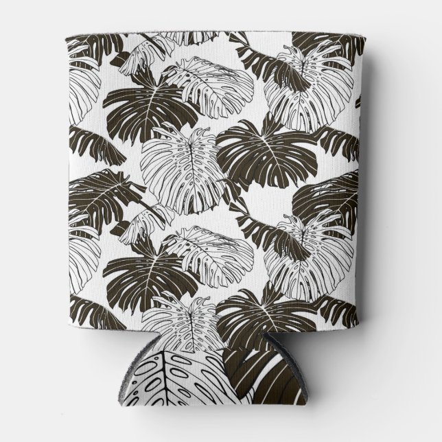 Monstera Monochrome: Black-White Seamless. Can Cooler (Front)
