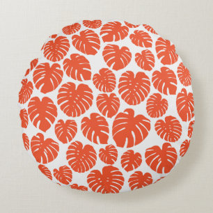 Monstera - Orange and White Round Cushion