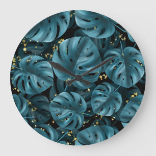 Monstera Palm, Golden Splash Seamless. Large Clock
