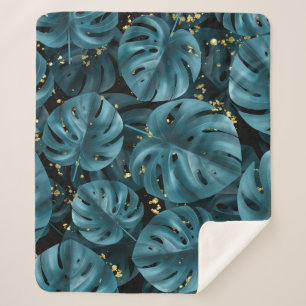 Monstera Palm, Golden Splash Seamless. Sherpa Blanket