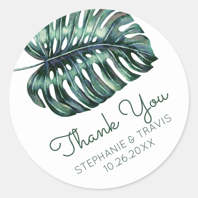 Monstera Palm Leaf Tropical Wedding Thank You Classic Round Sticker (Front)