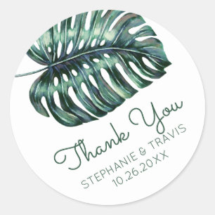 Monstera Palm Leaf Tropical Wedding Thank You Classic Round Sticker