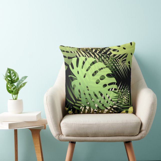 Monstera palm leaves tropical jungle throw pillow (Chair)