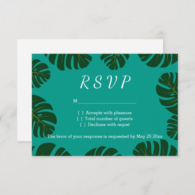 Monstera palm RSVP beach wedding response cards (Front/Back)